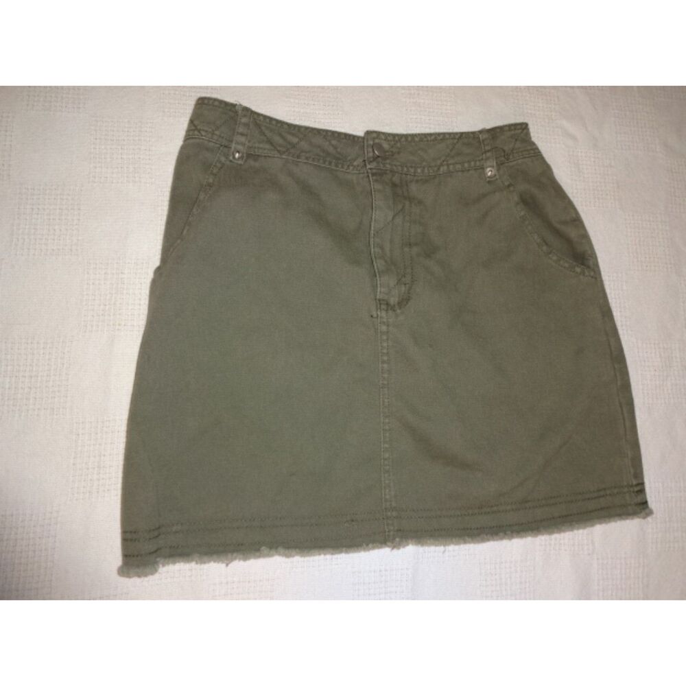 Honey Belle Military Green Denim Mini Skirt Fringe Hem ~ Small